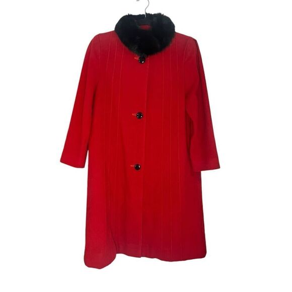 Vintage Carat by Sanyo Women’s Medium Peacoat Red Wool Buttons Faux Fur 60s - Picture 1 of 8